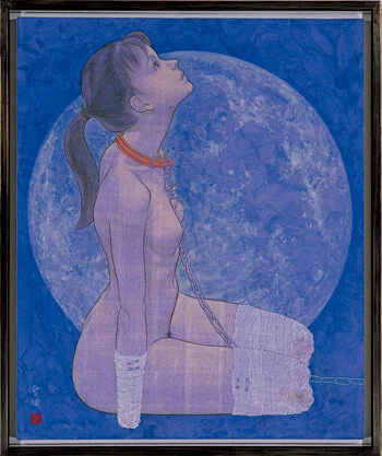 会田誠『犬(雪月花のうち“月”)』1996年 岩顔料、アクリル絵具、和紙、パネル 100×90 cm 高橋コレクション蔵、東京 Courtesy: Mizuma Art Gallery